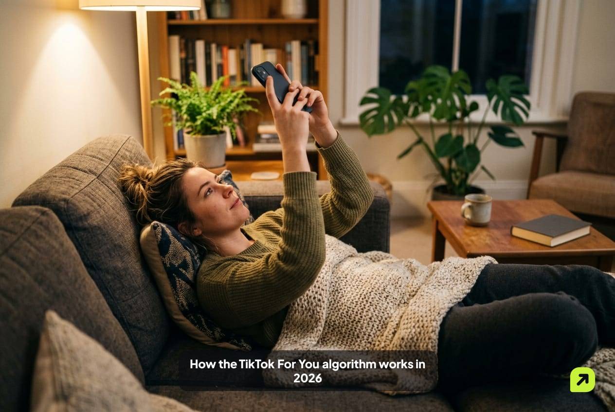 Woman on a sofa under a knitted blanket in lamp light, scrolling a phone held above her face, screen turned away