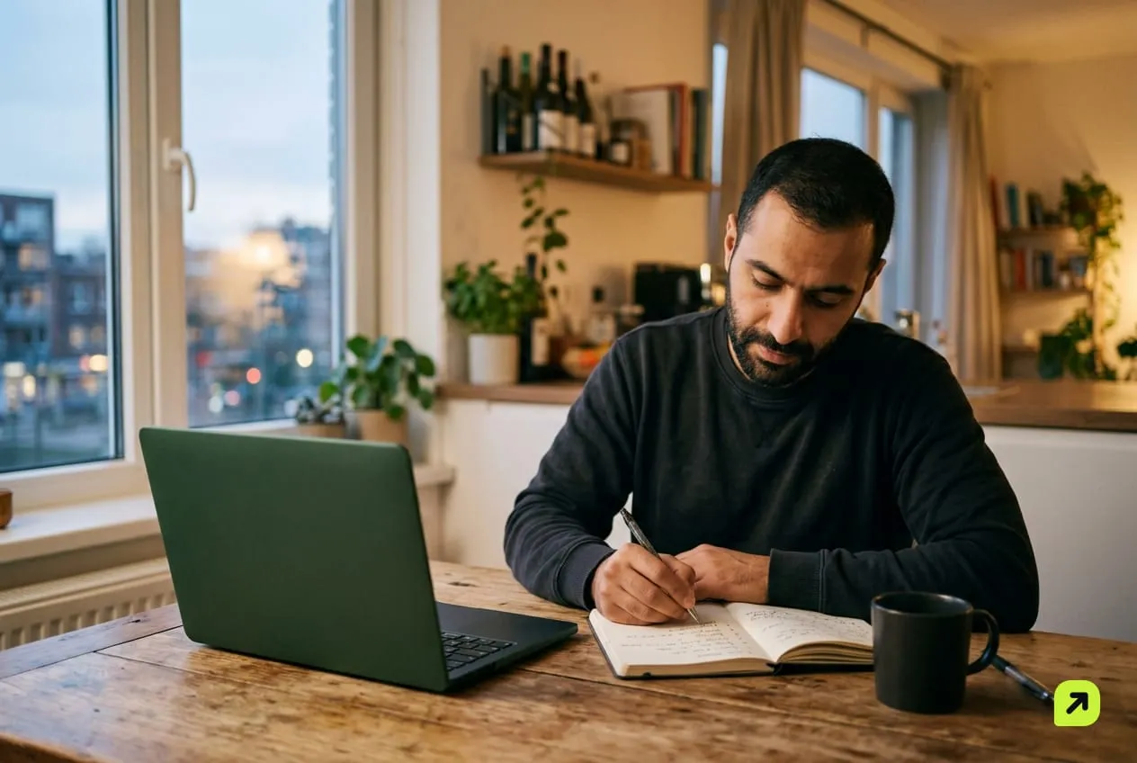 Man at a kitchen table at dusk writing video ideas in a notebook, laptop beside him turned away