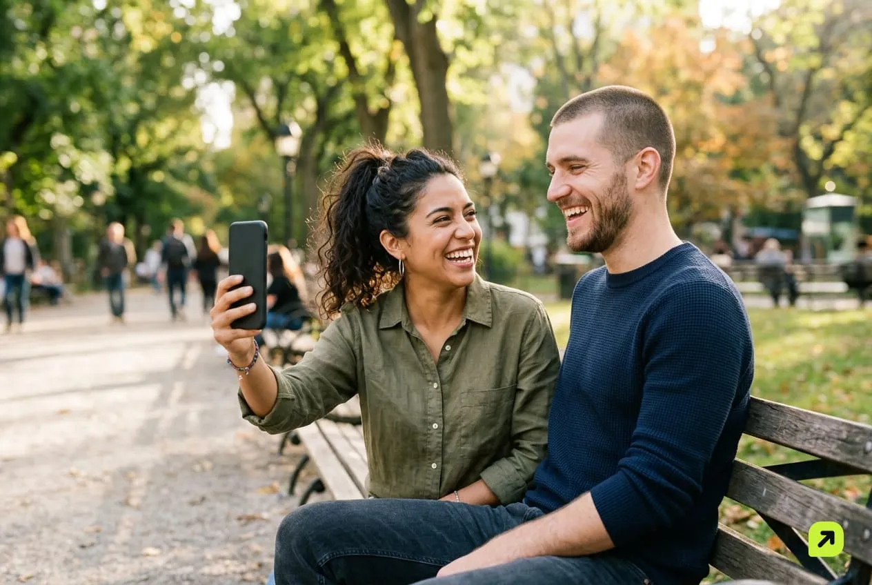 Two friends on a park bench laughing while one records a video on a phone held at arm’s length, screen facing away