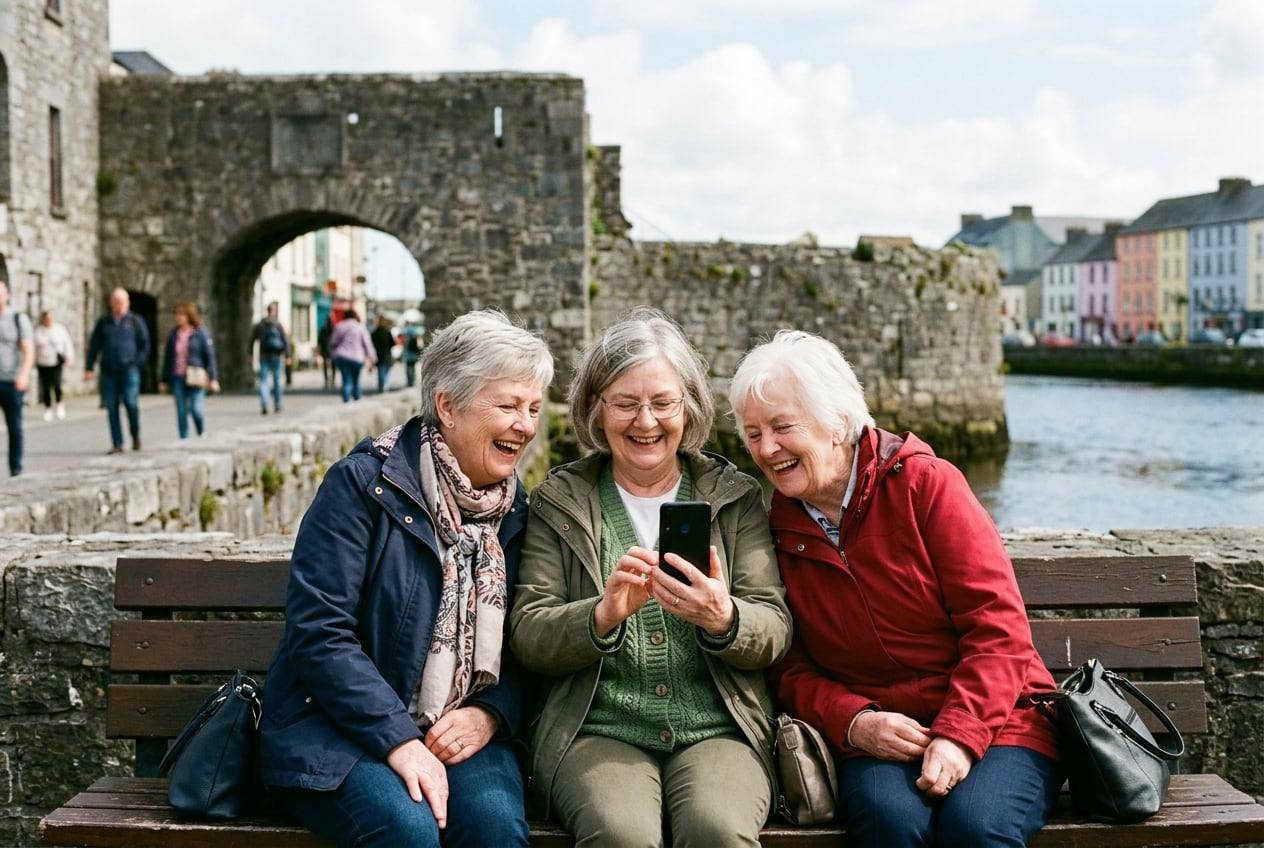 Three older friends on a bench by the Spanish Arch, Galway, looking at a phone together and laugh at the replies