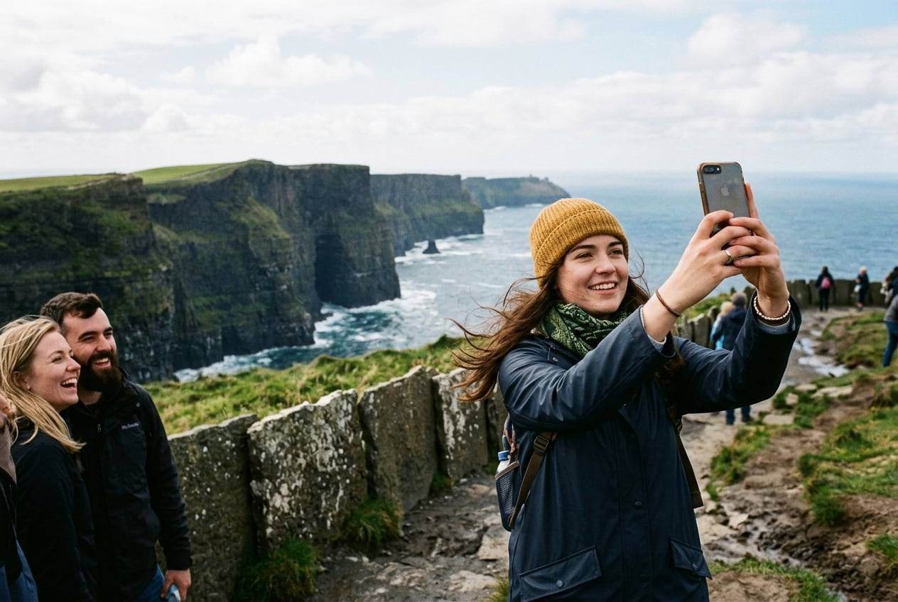A young woman at the Cliffs of Moher in County Clare with the Atlantic behind, taking a selfie-style photo for their Instagram profile with a phone held up
