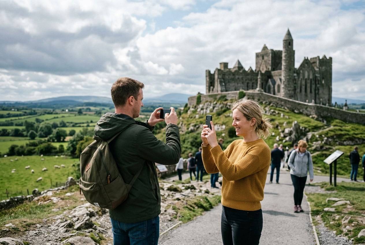 A couple in their 30s at the Rock of Cashel, Tipperary, photographing the view and each other with a phone for an Instagram post