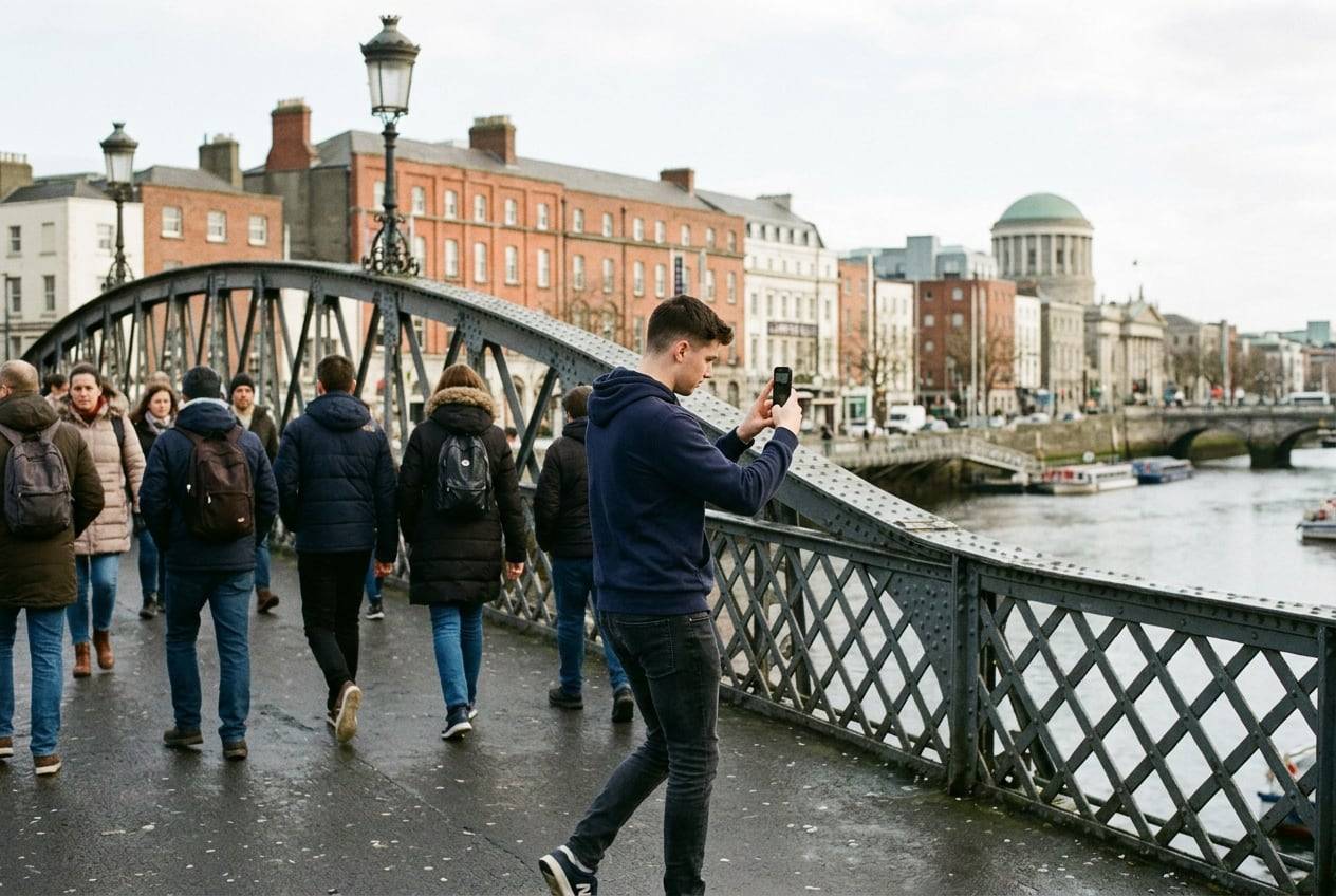 A young man on the Ha'penny Bridge over the River Liffey, Dublin, filming a short vertical Reel with a phone, one of them mid-movement