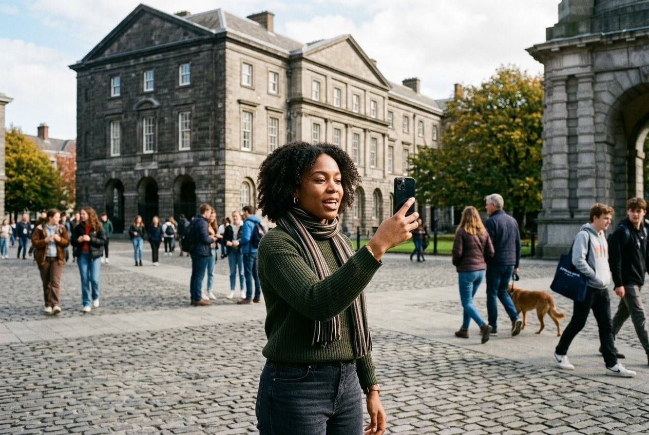 A young Nigerian-Irish woman in the Trinity College Library Long Room courtyard, Dublin, recording a vertical TikTok video talking to a phone held at arm's length