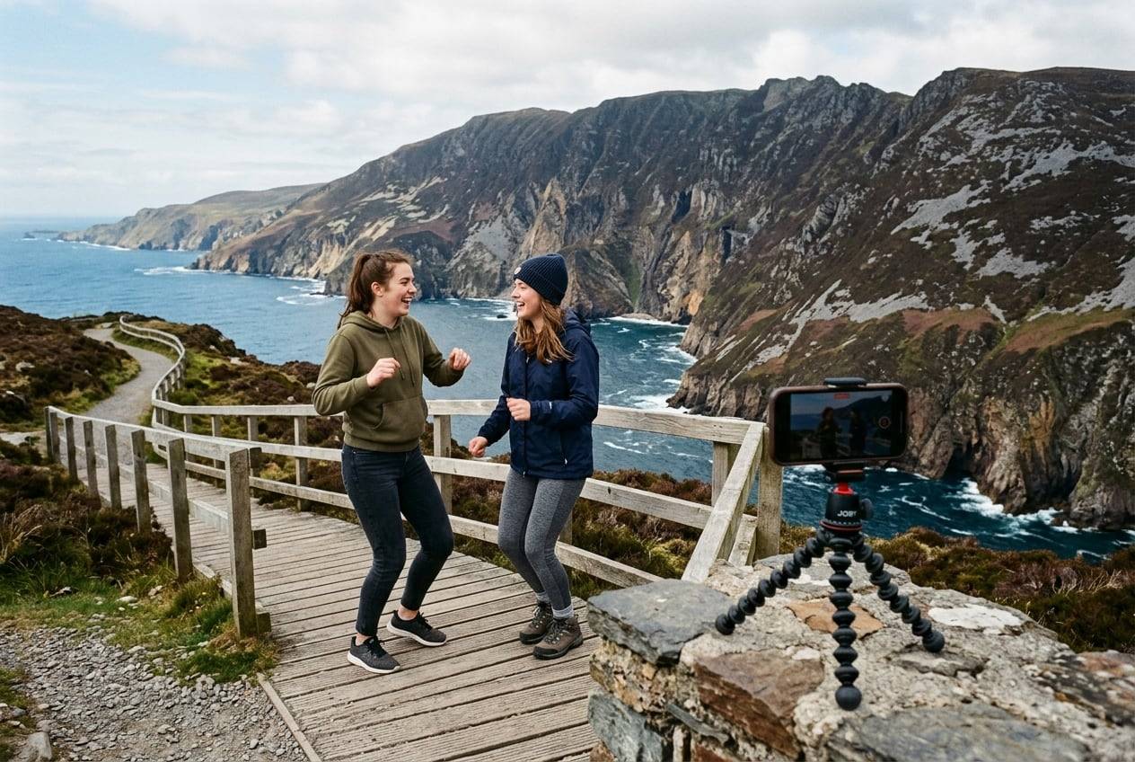 Two friends at the Slieve League sea cliffs, Donegal, dancing a TikTok trend together while a phone on a mini tripod records them