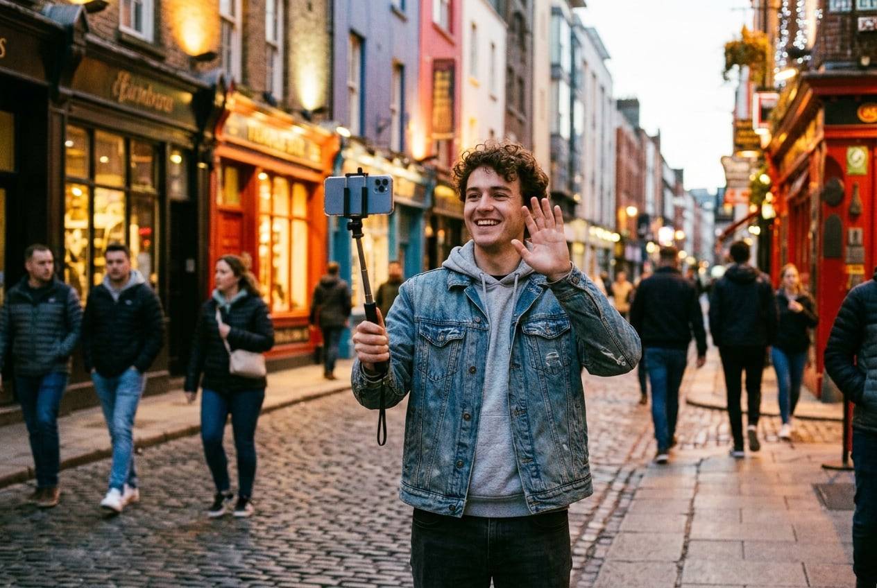 A young man at dusk on the colourful shopfronts of Temple Bar, Dublin, going live on a phone on a selfie stick at dusk, waving at the phone, city lights coming on