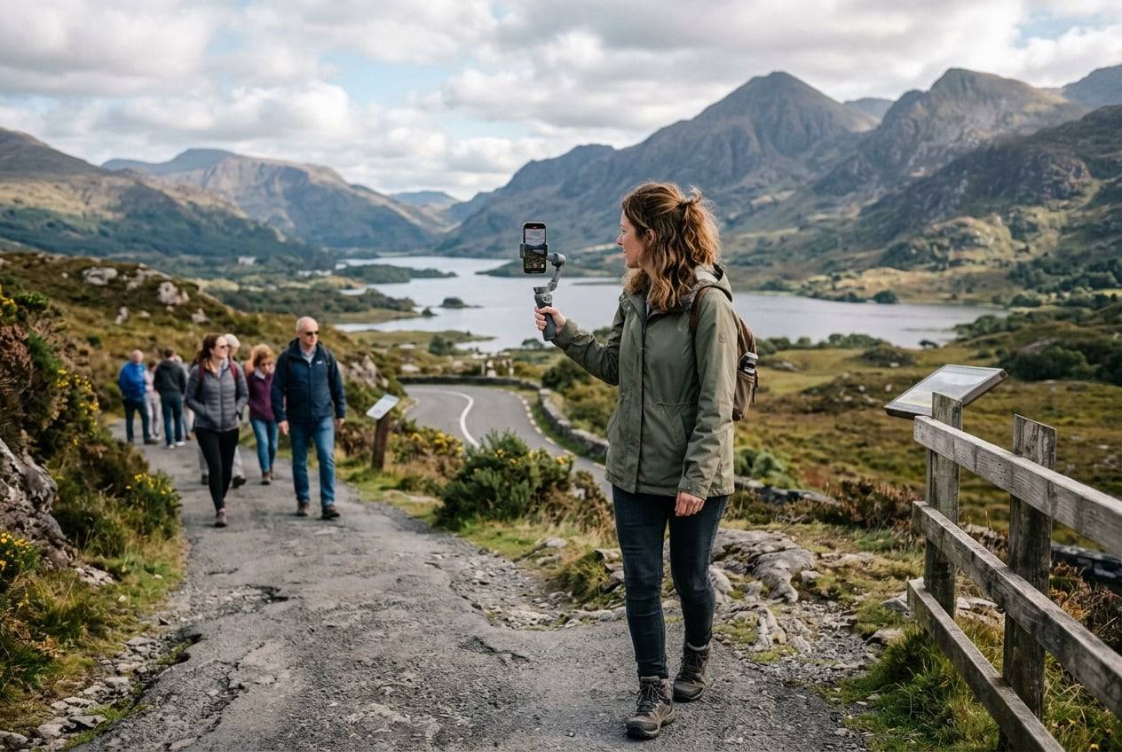 A woman in her 30s at the Ring of Kerry viewpoint at Ladies View, Killarney National Park, filming a vertical video with a phone gimbal while walking