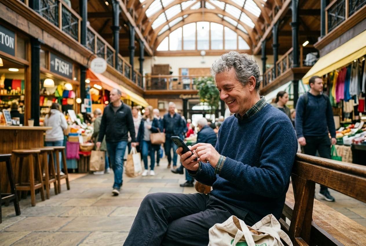 A man in his 50s at the English Market, Cork, typing a post on a phone while sitting on a bench, smiling