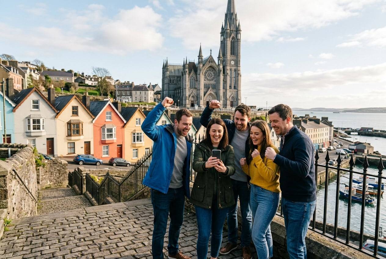 A small team in casual clothes at the colourful Deck of Cards terrace and St Colman's Cathedral at Cobh, cheering while looking at one phone, celebrating a campaign launch, in branded-free company clothes
