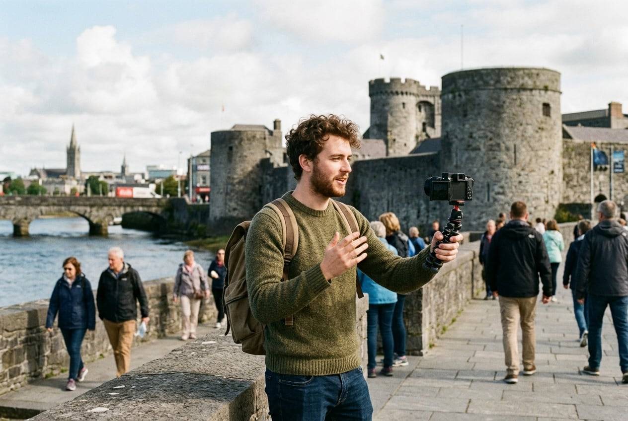 A young man at King John's Castle on the Shannon, Limerick, filming a travel vlog with a small camera on a handheld tripod, one person talking