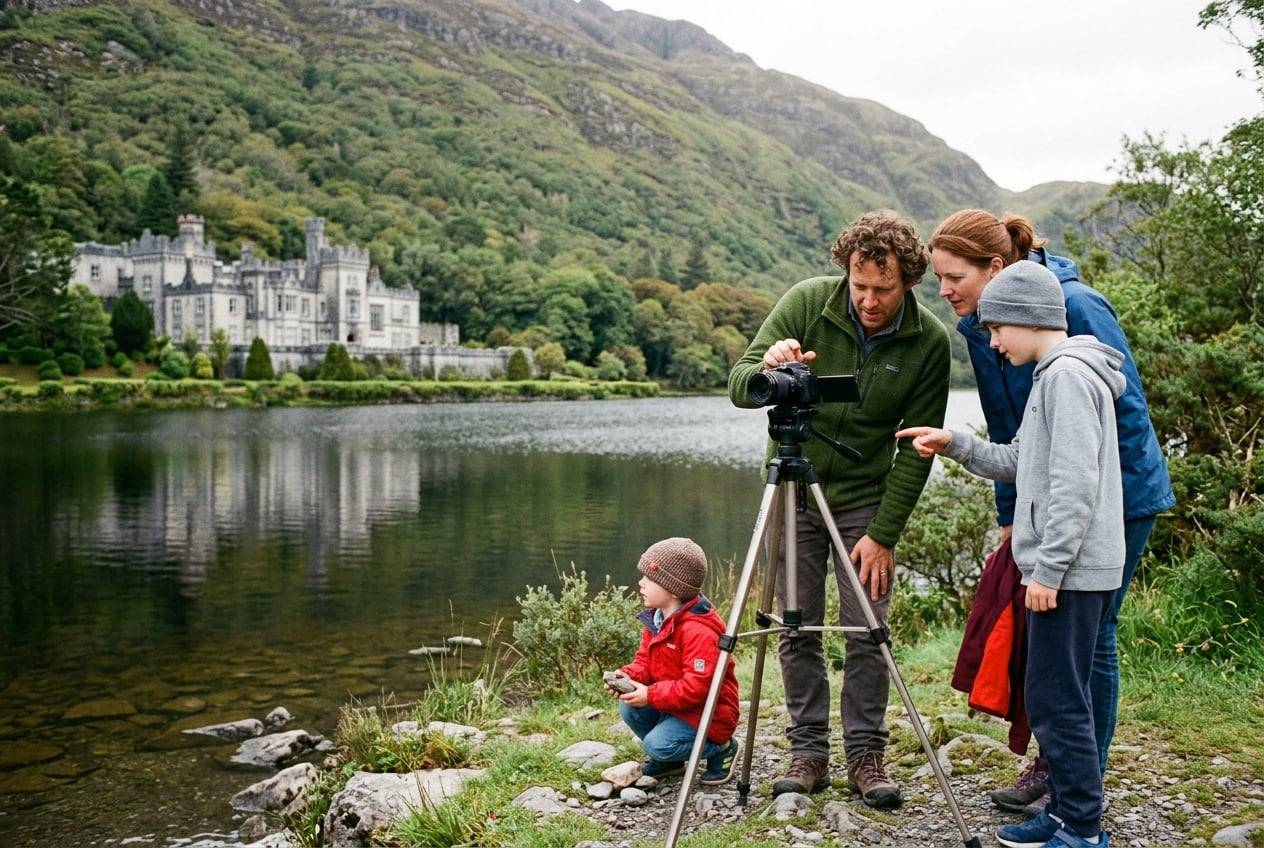 A family at the Kylemore Abbey lakeshore, Connemara, filming a wide shot of the scene with a camera on a tripod, checking the flip screen