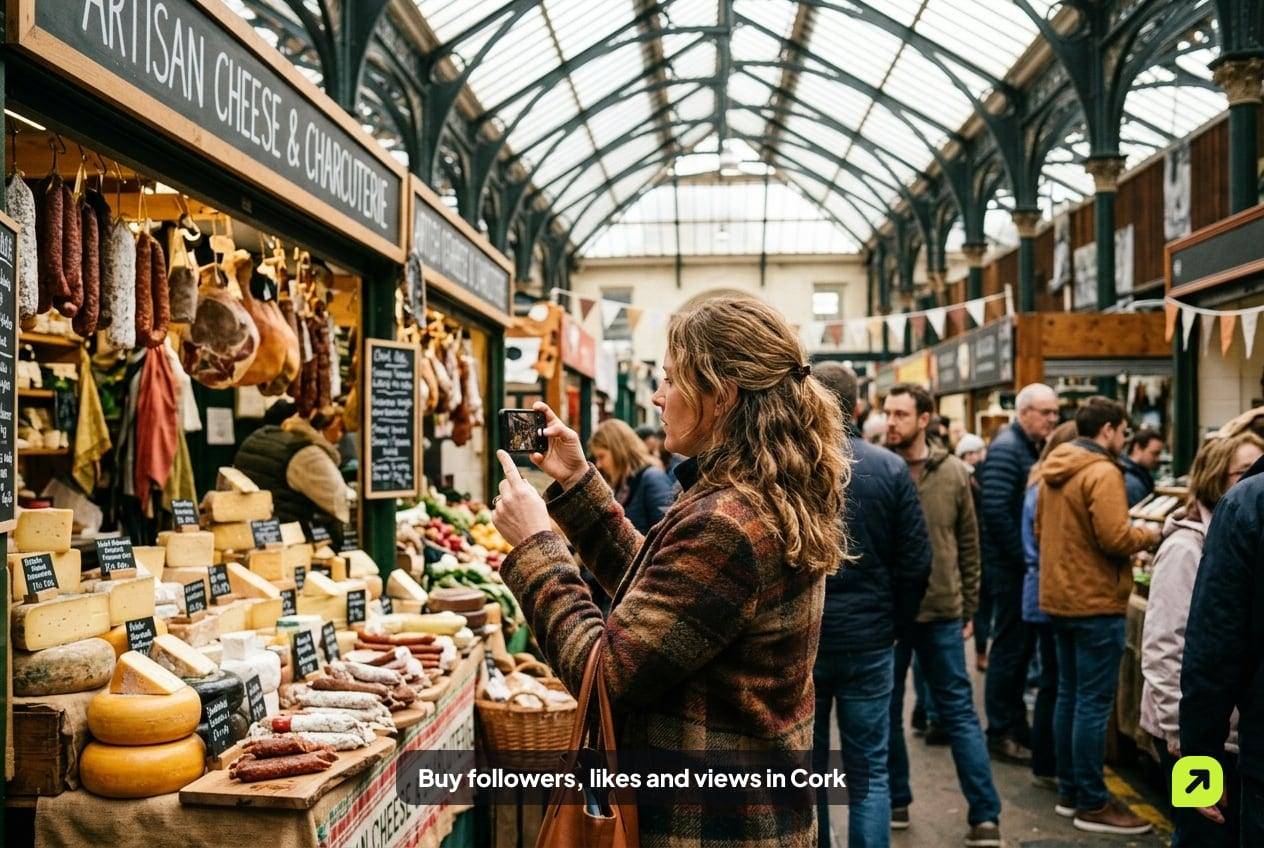 Stallholder filming a food display inside a covered Victorian market in Cork under glass-roof light