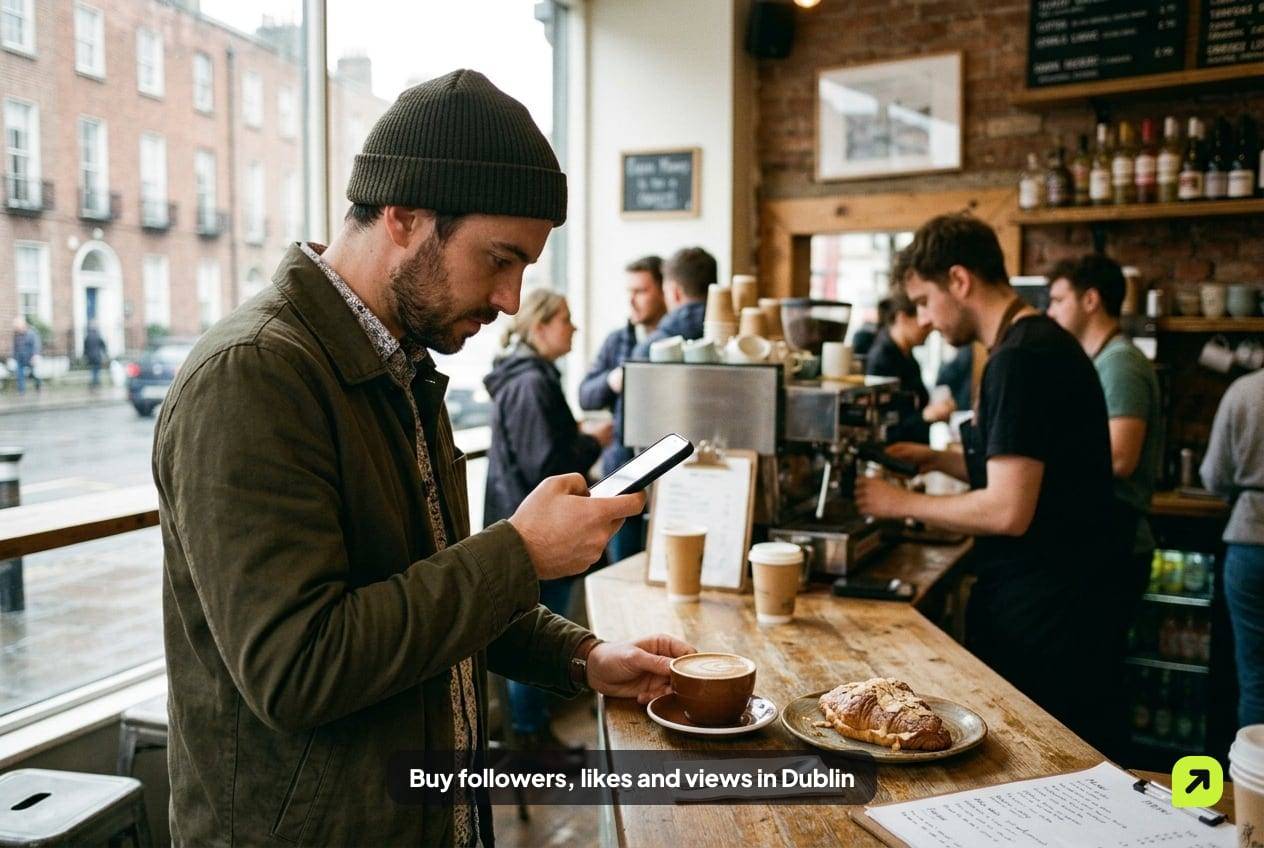 Cafe owner filming a coffee and pastry in a brick Georgian street in Dublin 2 in soft daylight