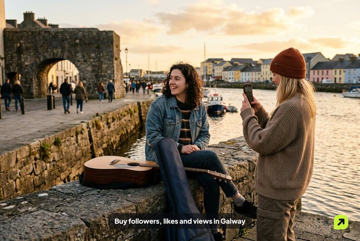 Two friends filming a musician beside the water near the Spanish Arch in Galway in golden evening light