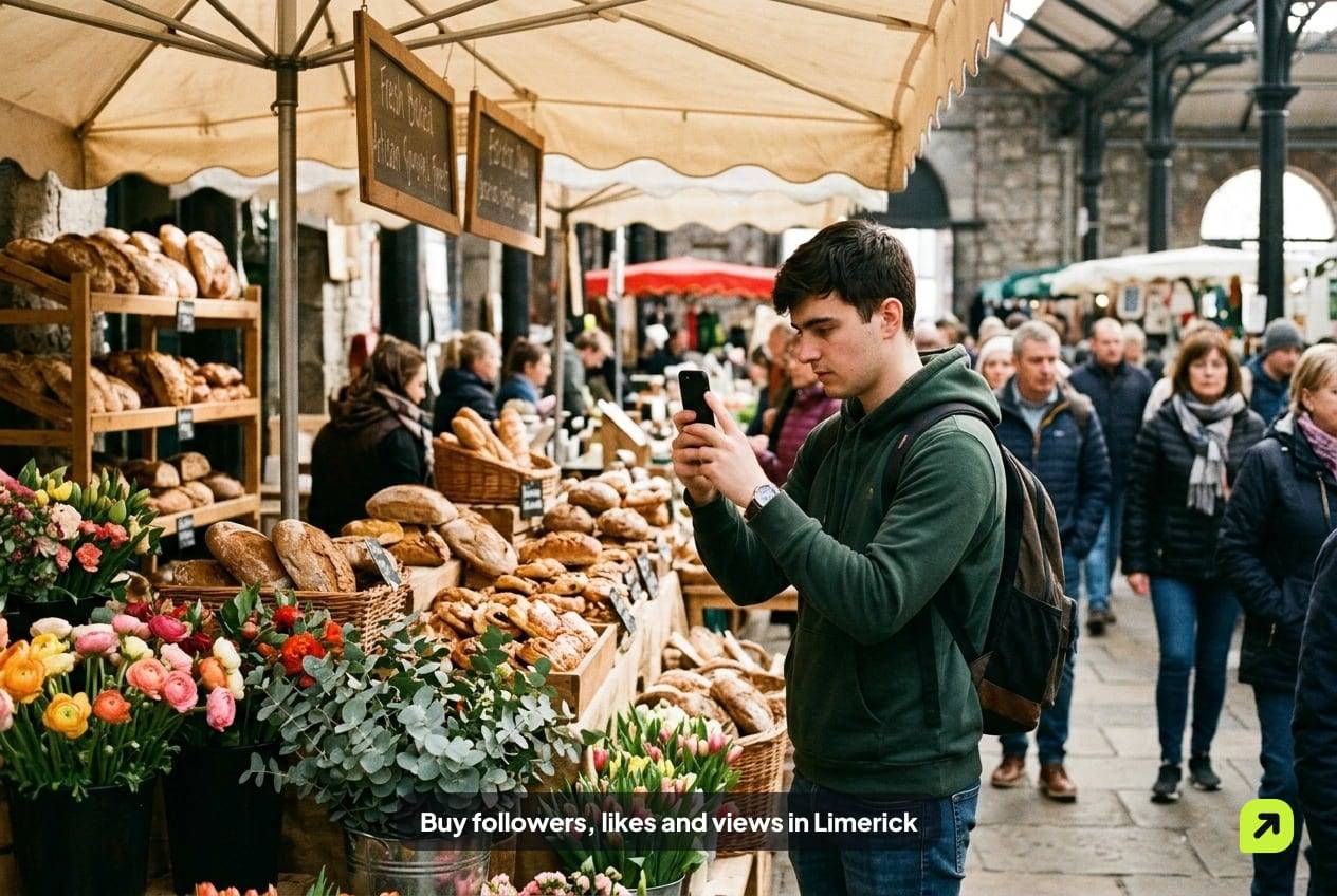 Young creator filming a bread and flower stall in the Milk Market in Limerick on a Saturday morning