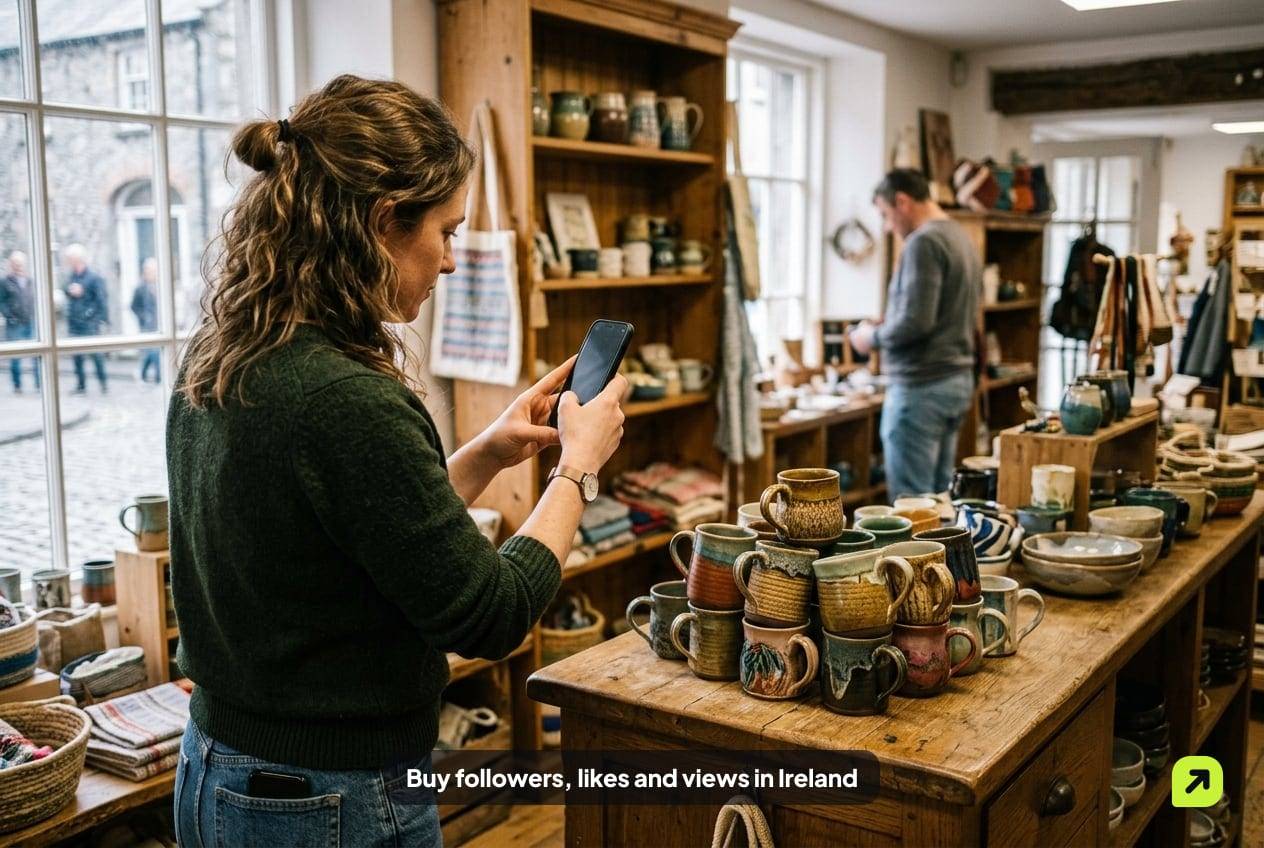 Shop owner filming handmade ceramic mugs on a wooden counter in a small craft shop in Kilkenny
