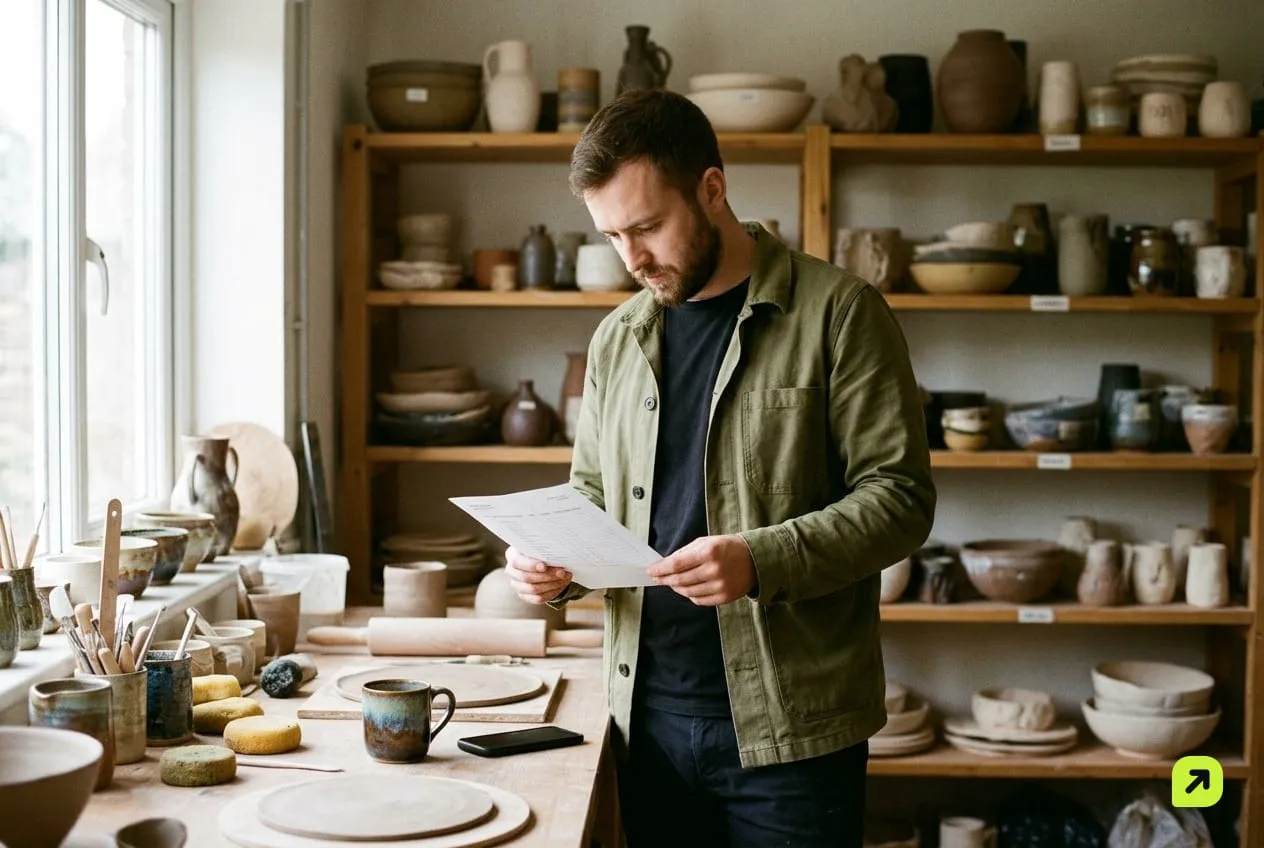 Man at a workshop bench reading a printed order sheet with a phone face down beside a coffee mug