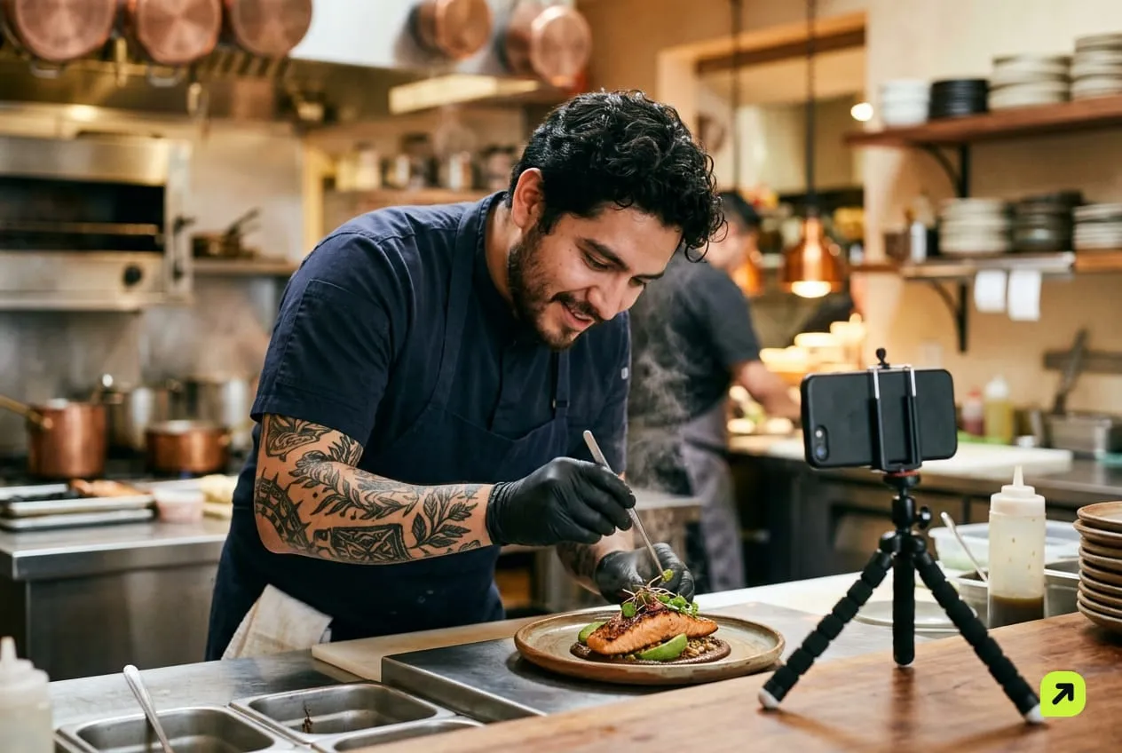 Young man filming himself plating a dish in a small restaurant kitchen, phone on a mini tripod facing away
