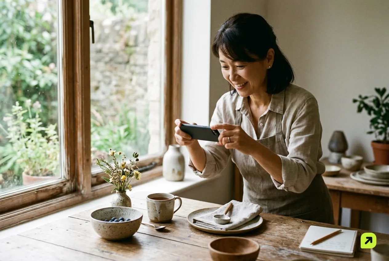 Woman photographing handmade ceramics on a wooden table by a window, phone held above with the screen facing away