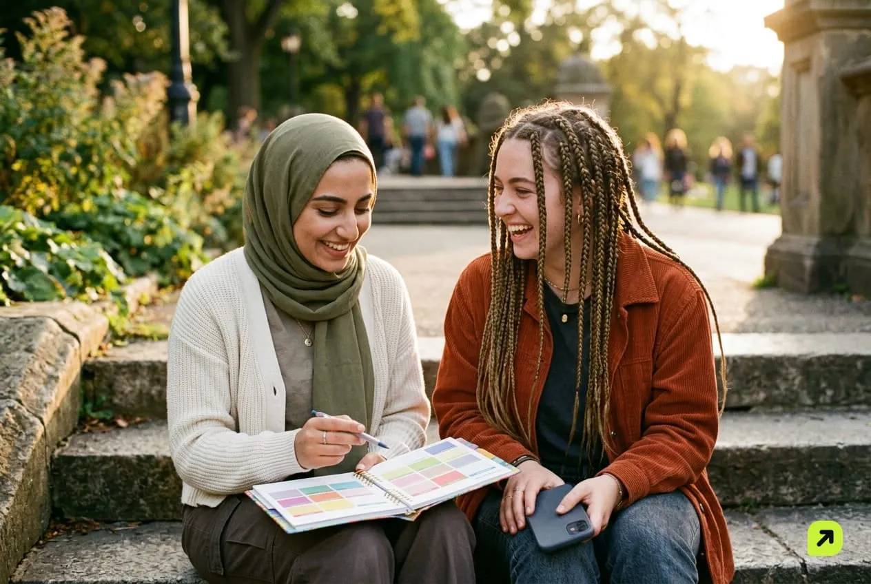 Two friends on park steps reviewing a color-coded paper planner, one holding a phone face down on her knee