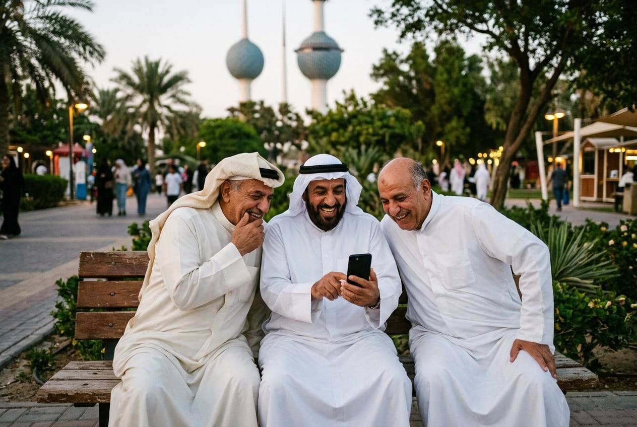 Three older friends in dishdashas on a bench in Al Shaheed Park, Kuwait City, looking at a phone together and laugh at the replies