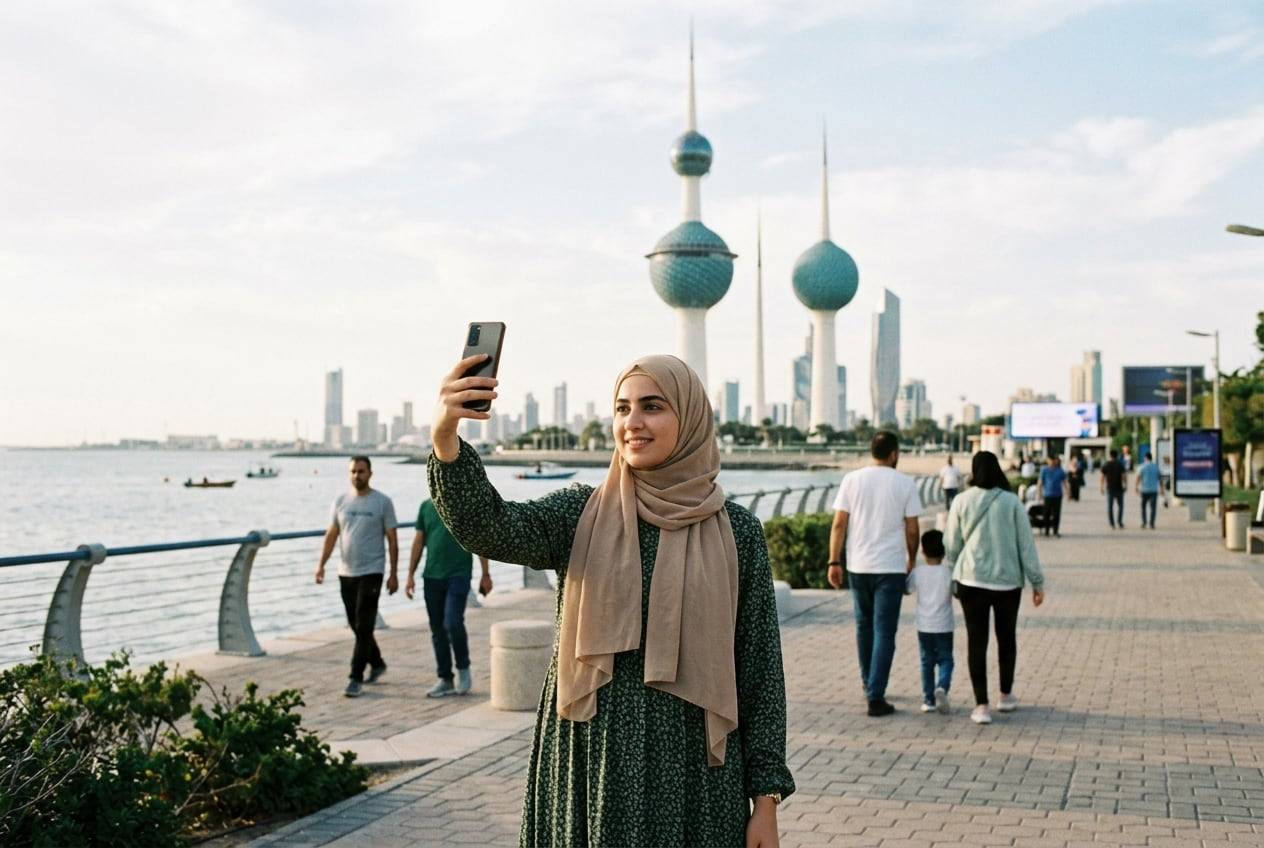 A young woman in a modest long dress at the Kuwait Towers waterfront, Kuwait City, taking a selfie-style photo for their Instagram profile with a phone held up