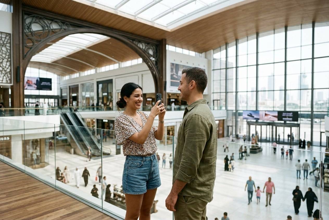 A couple in their 30s at the Avenues mall atrium, Kuwait, photographing the view and each other with a phone for an Instagram post
