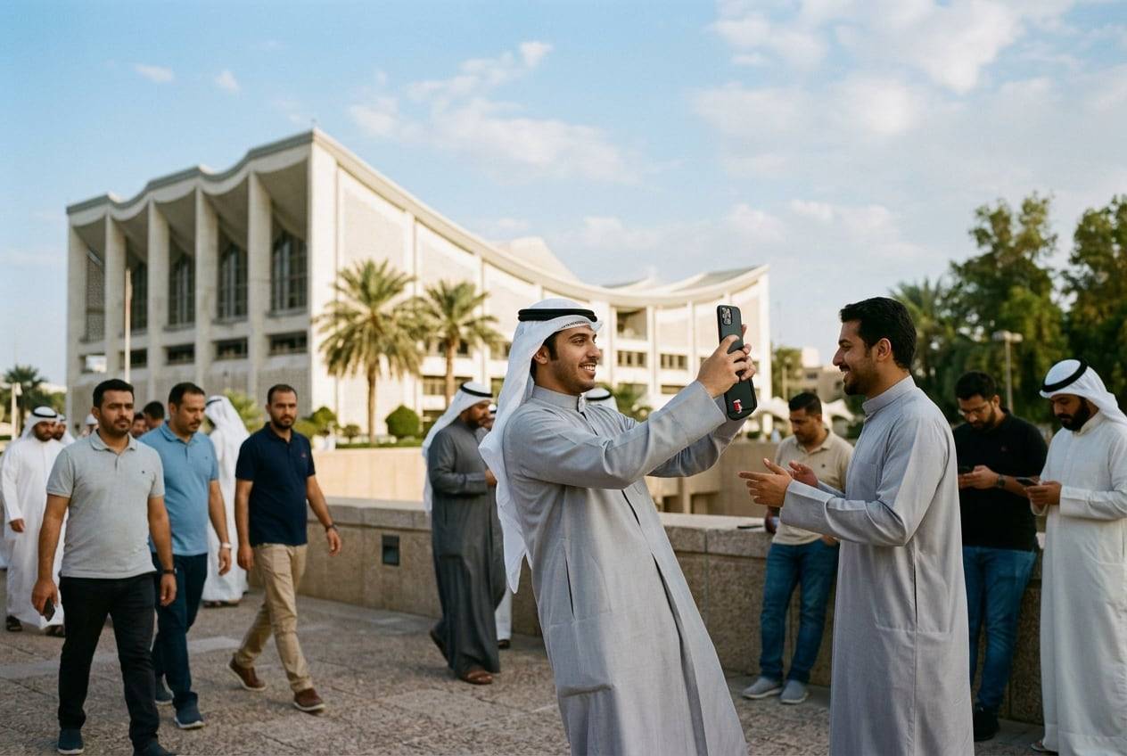 A young man in a dishdasha at the Kuwait National Assembly building, Kuwait City, filming a short vertical Reel with a phone, one of them mid-movement
