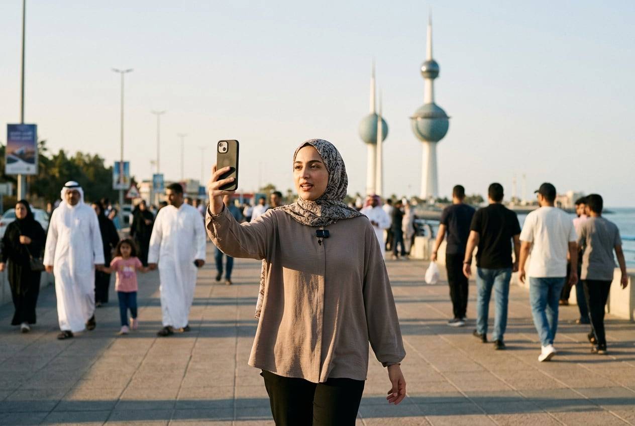 A young woman in a headscarf and modest clothes on the Gulf Road promenade, Salmiya, recording a vertical TikTok video talking to a phone held at arm's length