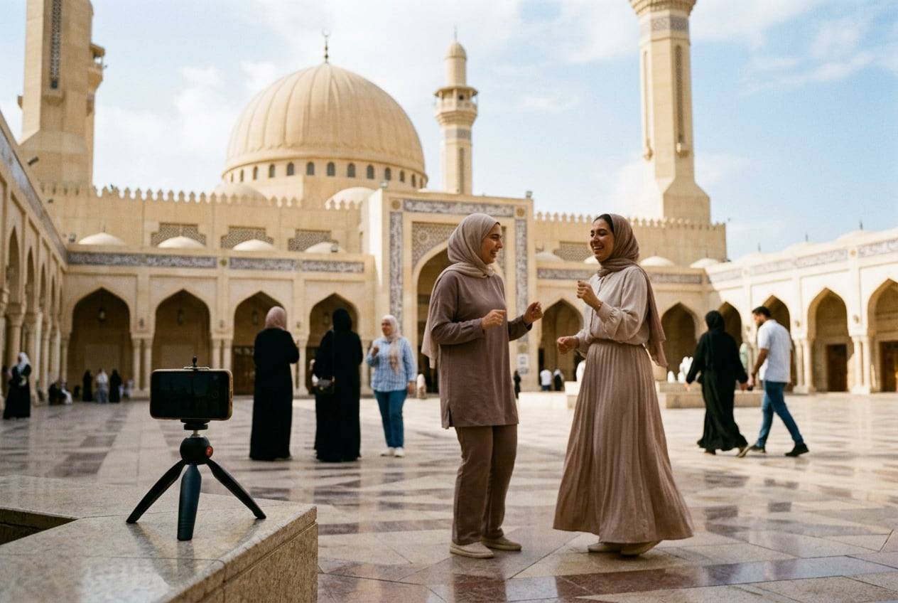 Two friends at the Grand Mosque of Kuwait courtyard, Kuwait City, modestly dressed, dancing a TikTok trend together while a phone on a mini tripod records them