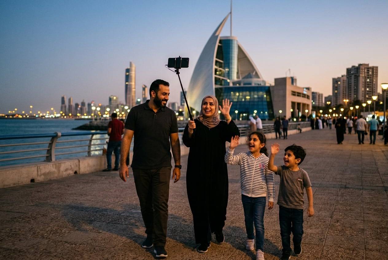 A family with two children at the Scientific Center, Salmiya, going live on a phone on a selfie stick at dusk, waving at the phone, city lights coming on