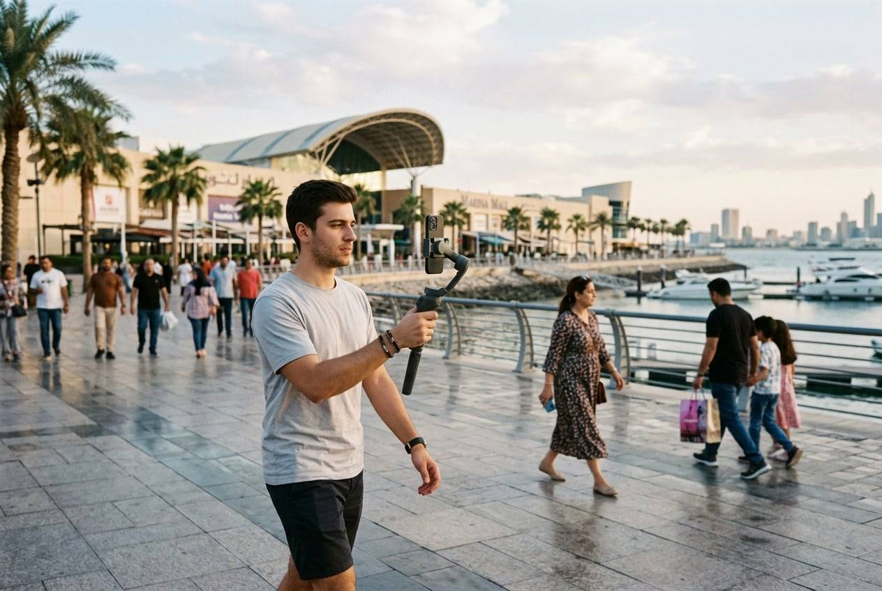A young man at the Marina Mall waterfront, Salmiya, filming a vertical video with a phone gimbal while walking