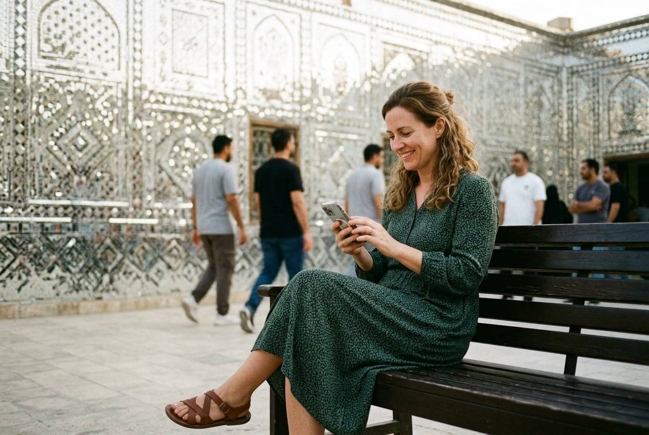 A woman in her 40s in a modest dress at the Mirror House in Hawalli, typing a post on a phone while sitting on a bench, smiling