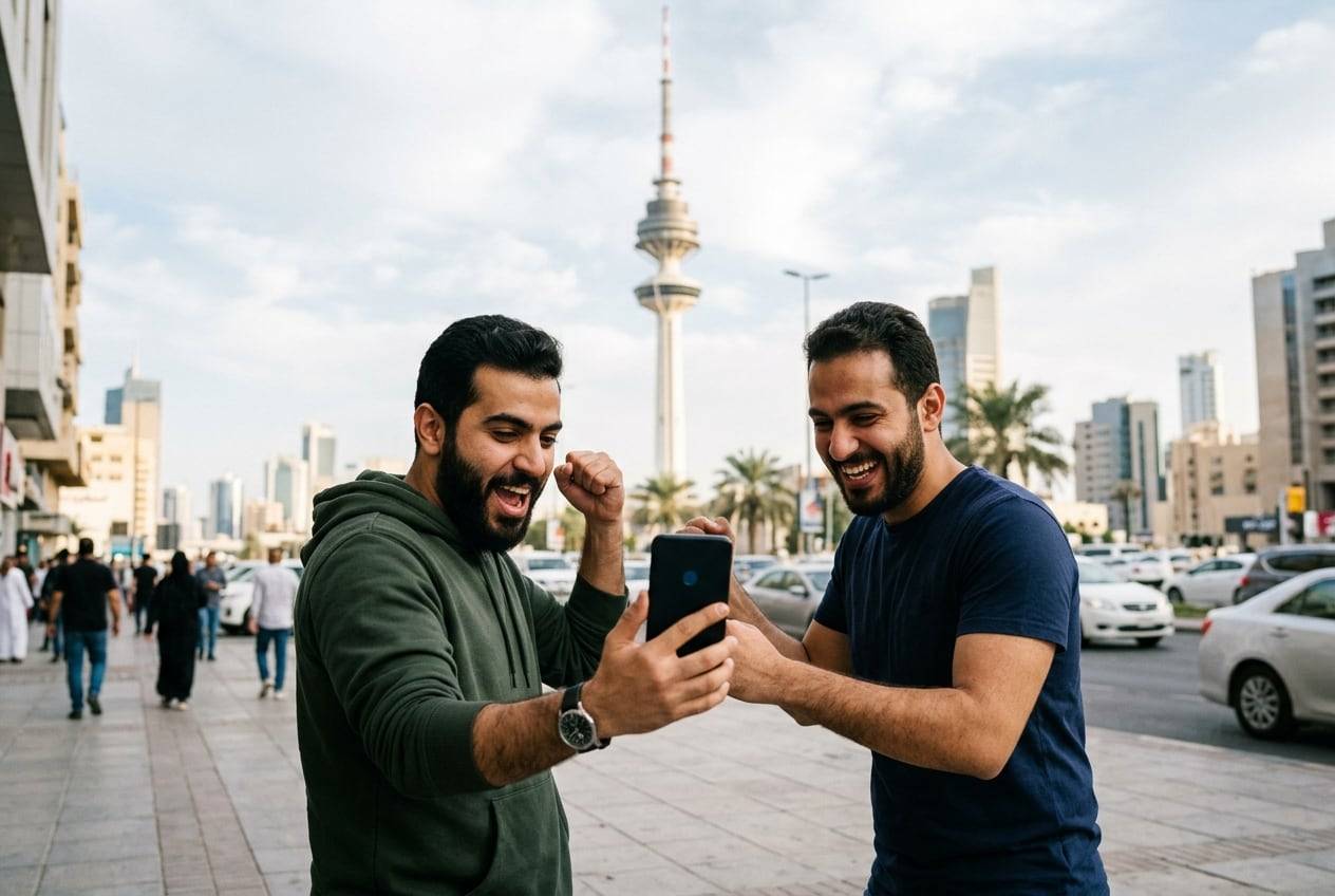 Two friends in casual clothes in front of the Liberation Tower, Kuwait City, cheering while looking at one phone, celebrating a campaign launch, in branded-free company clothes