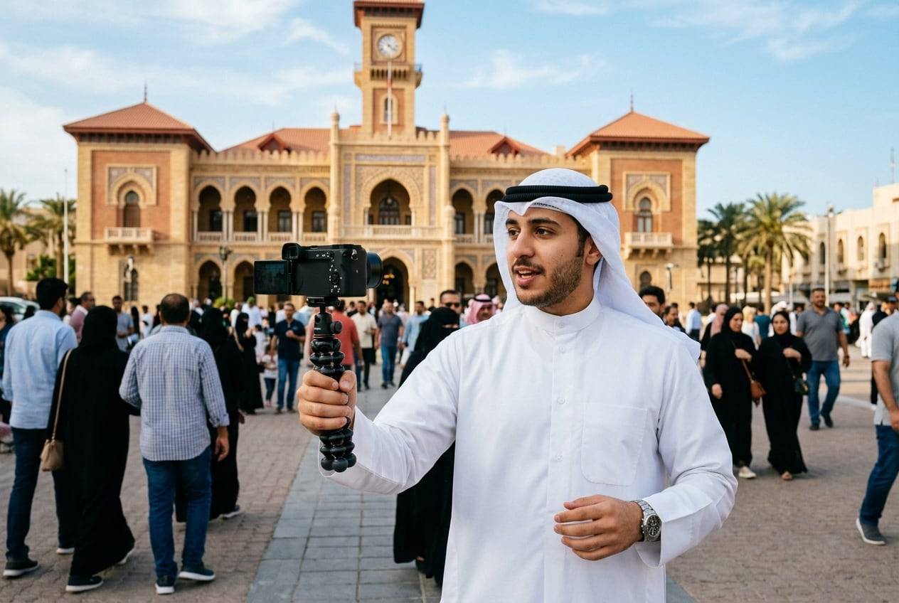 A young man in a dishdasha at the Seif Palace square, Kuwait City, filming a travel vlog with a small camera on a handheld tripod, one person talking