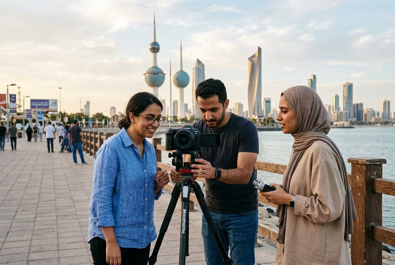 A team of three colleagues on the Kuwait City waterfront near Sharq with the skyline behind, filming a wide shot of the scene with a camera on a tripod, checking the flip screen