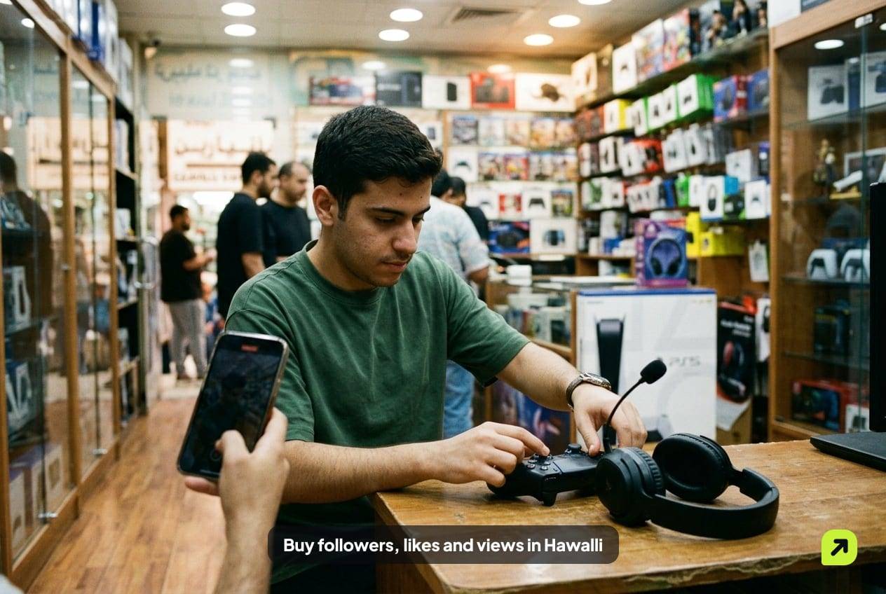 Young man filming a controller and headset in an electronics shop in Hawalli, Kuwait, under bright shop lighting