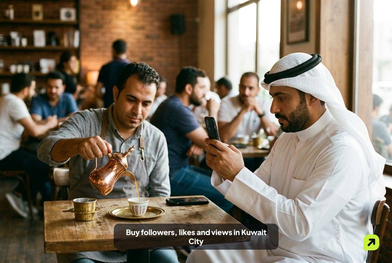 Man in a white dishdasha filming coffee being poured at a café in Sharq, Kuwait City, in warm afternoon light
