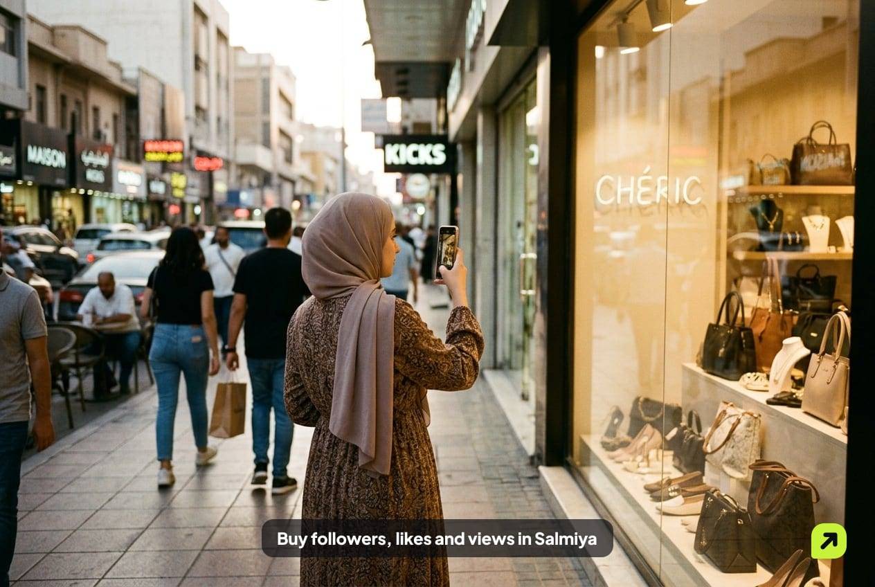 Woman photographing a handbag window display on Salem Al-Mubarak Street in Salmiya, Kuwait, in early-evening light