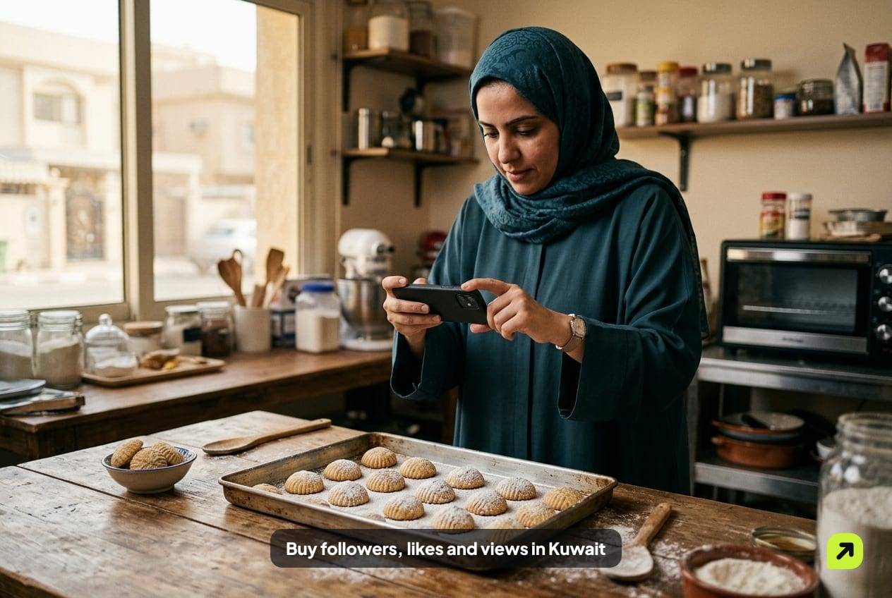 Woman filming a tray of date cookies at her home-baking counter in Kuwait in warm window light