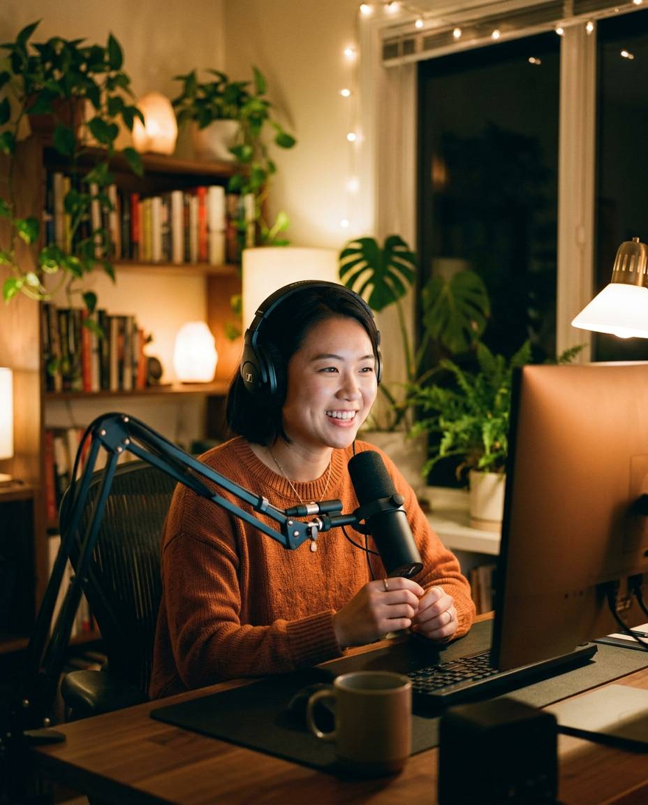 Streamer with headphones smiling at her audience during a live stream