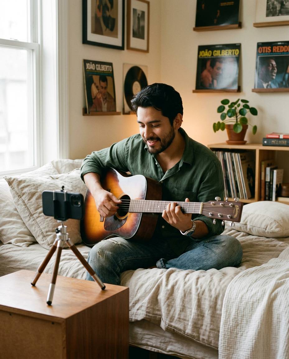 Musician playing acoustic guitar while recording himself on his phone