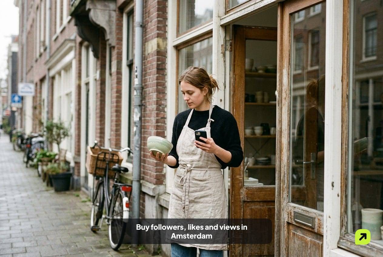 Young ceramicist in a studio doorway in De Pijp, Amsterdam, holding a glazed bowl and a phone on an overcast morning