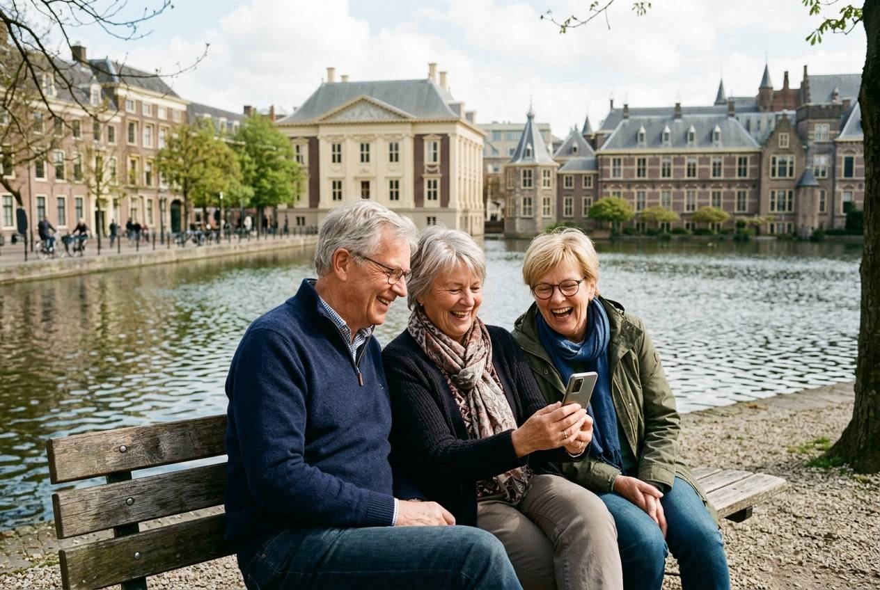 Three older friends on a bench by the Binnenhof pond, The Hague, looking at a phone together and laugh at the replies