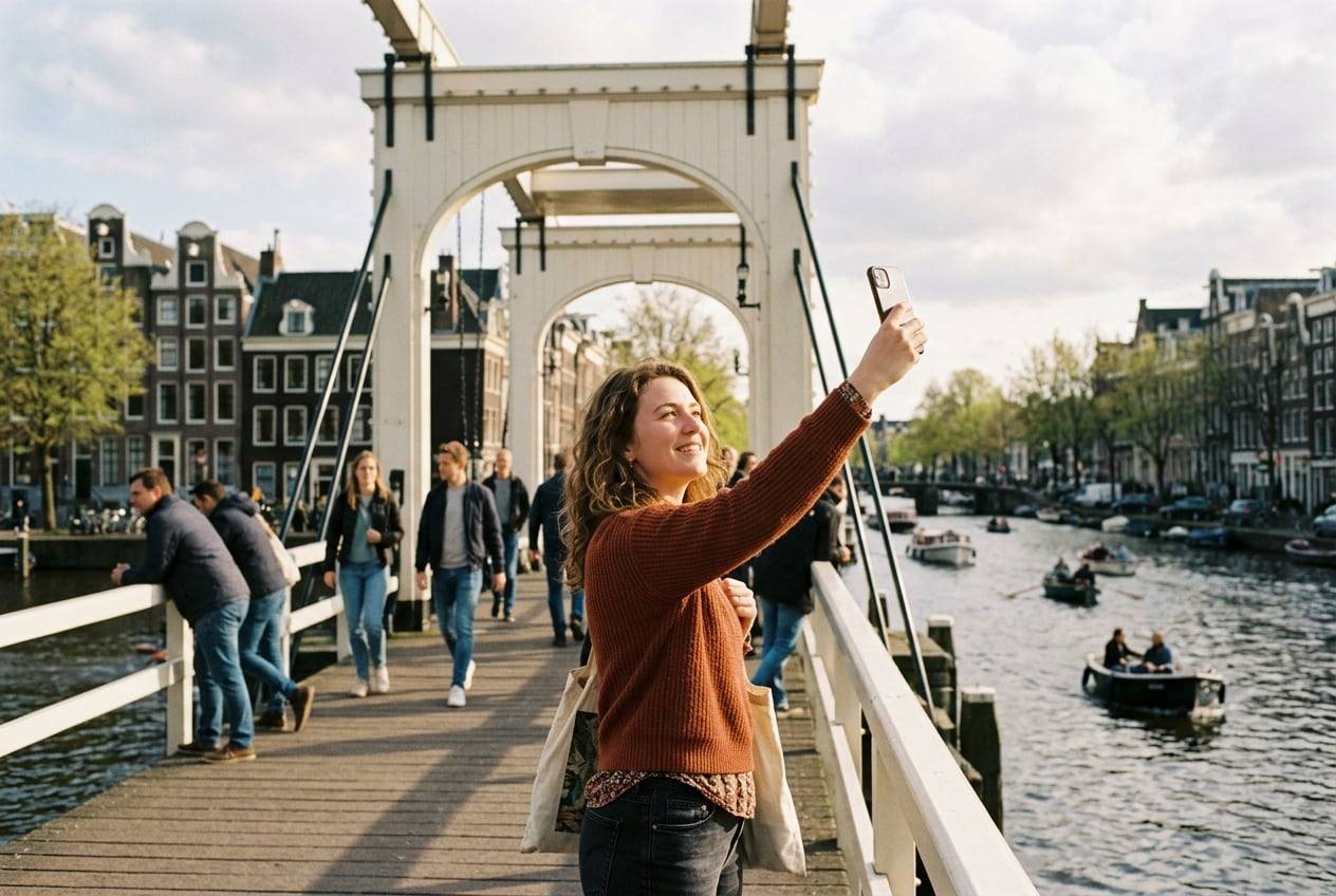 A young woman at the Magere Brug over the Amstel, Amsterdam, taking a selfie-style photo for their Instagram profile with a phone held up