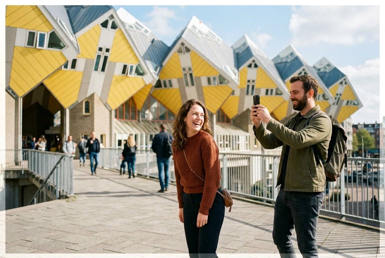 A couple in their 30s at the Cube Houses, Rotterdam, photographing the view and each other with a phone for an Instagram post