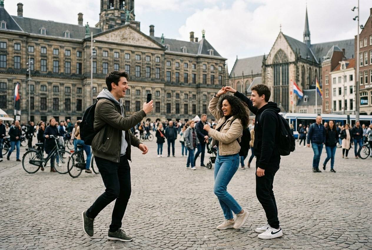A young man on the Dam Square, Amsterdam, filming a short vertical Reel with a phone, one of them mid-movement