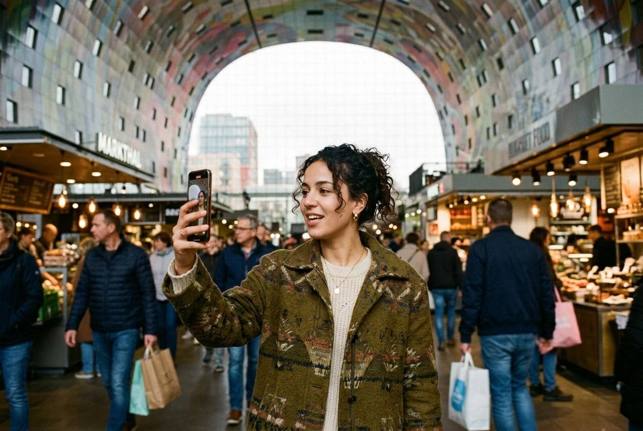 A young Dutch-Moroccan woman in the Markthal, Rotterdam, recording a vertical TikTok video talking to a phone held at arm's length