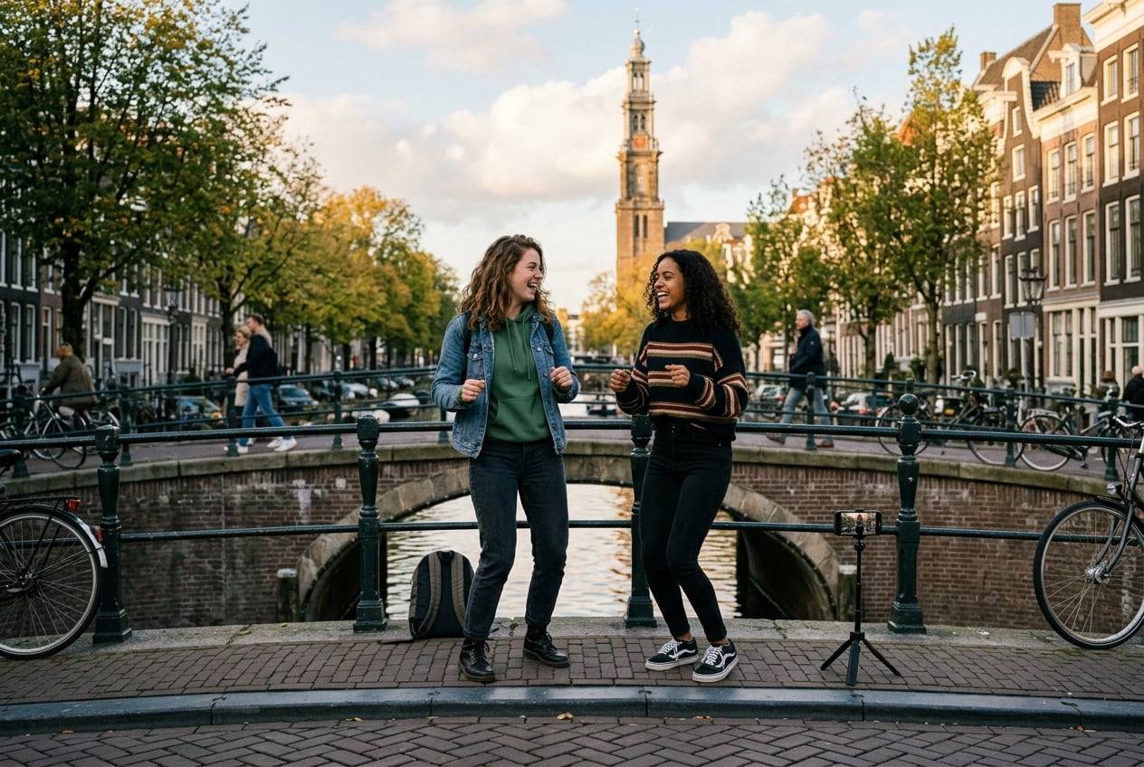 Two friends on a canal bridge in the Jordaan, Amsterdam, dancing a TikTok trend together while a phone on a mini tripod records them
