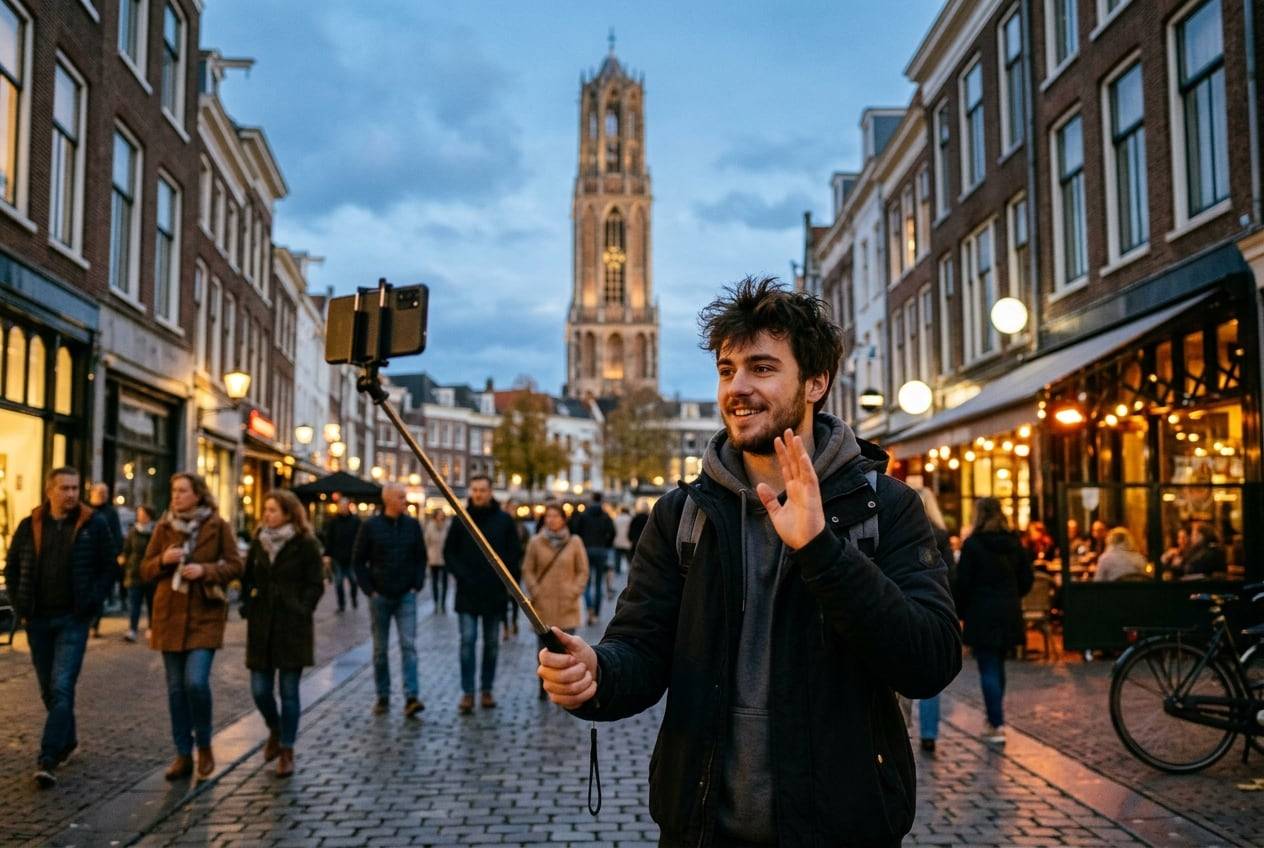 A young man at dusk by the Dom Tower, Utrecht, going live on a phone on a selfie stick at dusk, waving at the phone, city lights coming on